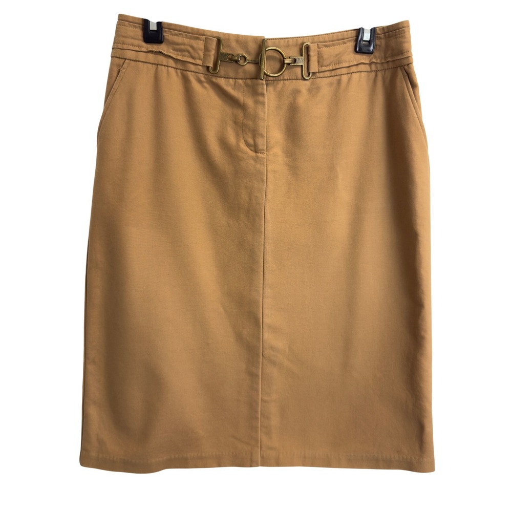 New York & Company Camel Tan Horsebit Buckle Pencil Skirt Size 4 Stretch Cotton